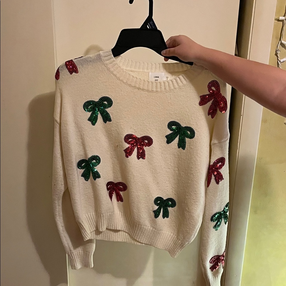 Festive Bow Sweater - Cream with Red and Green Accents